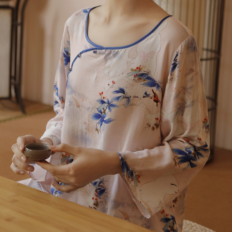 新中式复古风水墨印花汉服睡衣女春季竹纤维双层棉纱布家居服套装