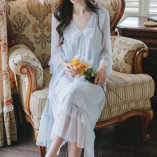 宫廷风带胸垫睡衣家居服 很仙 蕾丝女神睡裙女春季 薄款 莫代尔法式