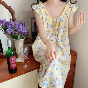 甜美少女家居服薄 日系可爱猫咪小飞袖 纯棉纱布睡衣女夏季 新款 韩版
