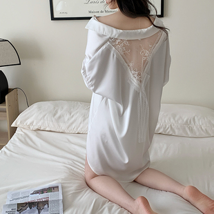 性感美背白色衬衫 冰丝露背睡裙家居服春 睡衣女款 纯欲风高级感中袖