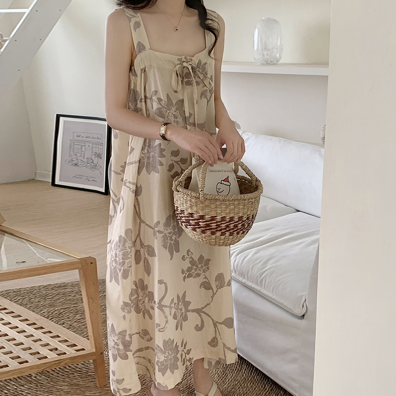 到脚踝|高级感中国风吊带睡裙女长款纯棉纱布无袖家居服轻薄夏季