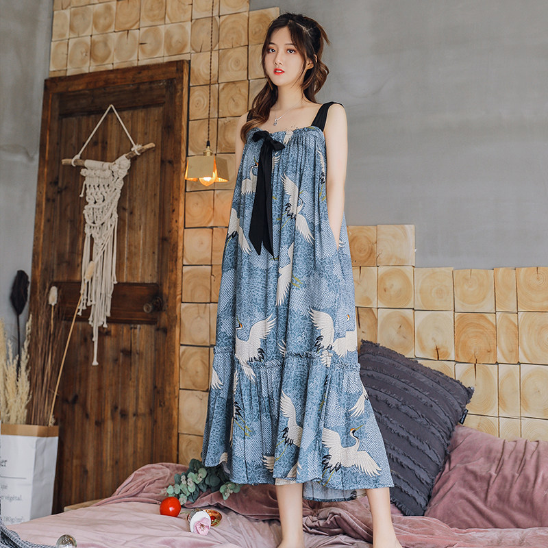 中國風仙鶴睡衣女夏貢緞性感吊帶壹字領裙子寬松中長冰絲睡裙夏天在類目 女士內衣/男士內衣/家居服, 睡裙中 - 來自Buy2taobao.com提供專業的淘寶代購服務