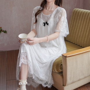 高级感精致睫毛蕾丝裙睡裙女夏季 连衣裙 性感朦胧美法式 宫廷风短袖