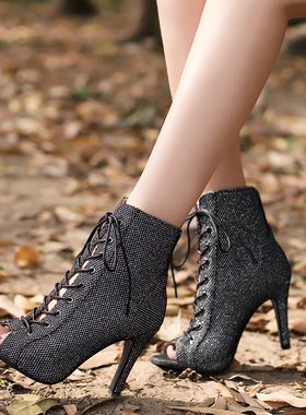 细跟鱼嘴凉靴女夏季系带镂空短靴子爵士舞蹈heels高跟鞋凉鞋大码