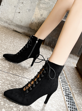 系带短靴子春夏镂空尖头凉靴女细跟大码heels爵士舞蹈跳舞高跟鞋