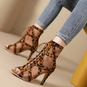 鱼嘴凉靴女细跟镂空短靴系带网靴jazz爵士舞豹纹高跟鞋 heels舞鞋