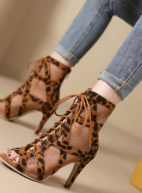 鱼嘴凉靴女细跟镂空短靴系带网靴jazz爵士舞豹纹高跟鞋heels舞鞋