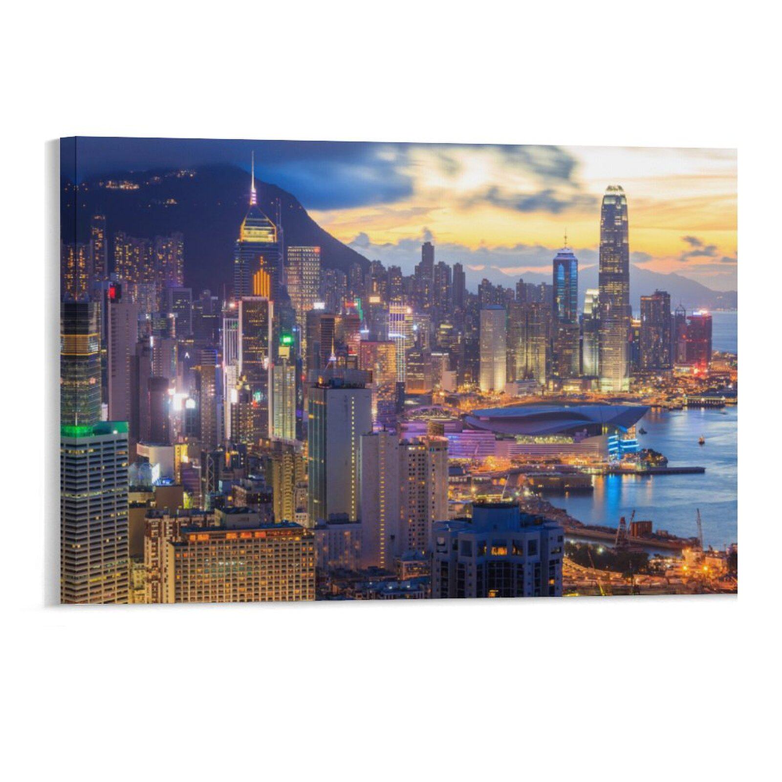 香港维多利亚港城市霓虹夜景街景客厅背景墙帆布无框画装饰挂画