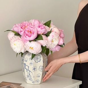 芍药假花仿真花新中式高级感青花瓷陶瓷花瓶摆件摆设仿生花束插花