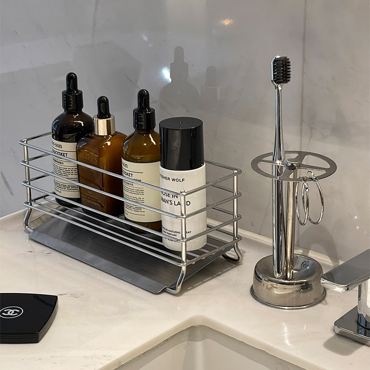 洗漱台沥水架护肤品品收纳架铁艺牙刷架不锈钢浴室置物架高级感,收纳整理,化妆品收纳架,淘宝优惠券,粉丝福利购,淘宝优惠卷