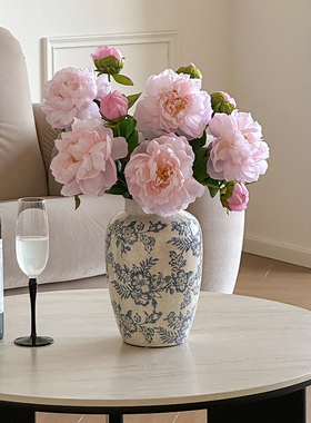 陶瓷花瓶客厅插花高级感青花瓷复古桌面装饰摆件牡丹仿真花艺摆设