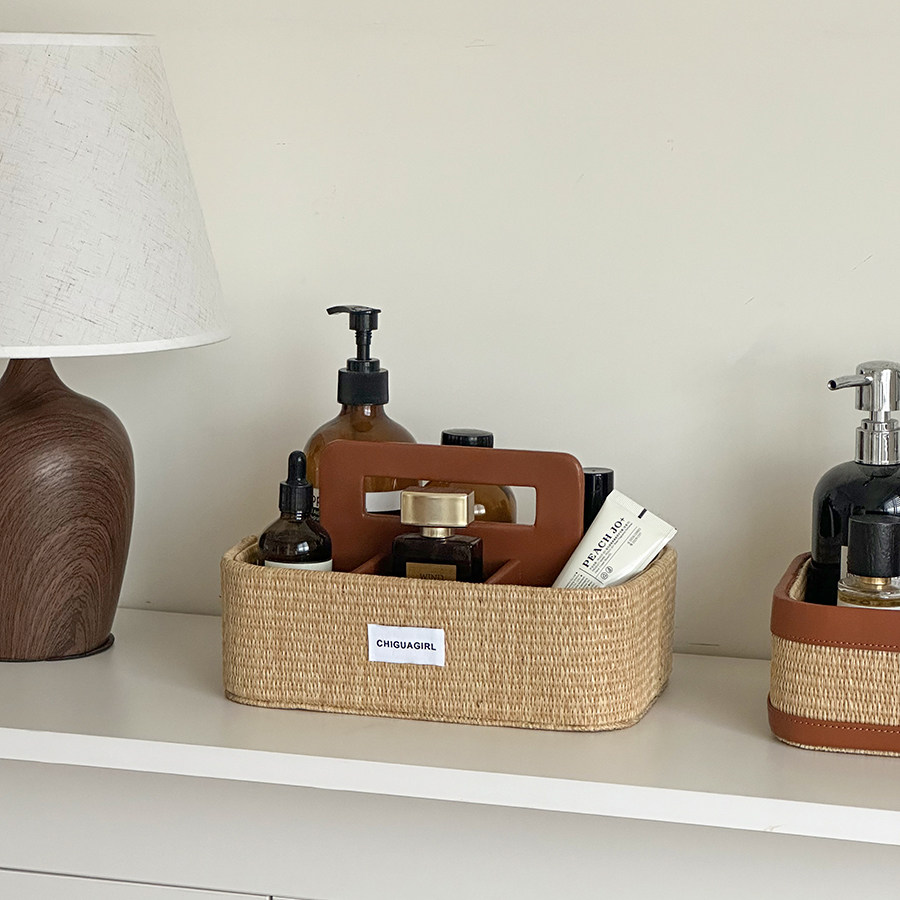 藤编桌面收纳盒长方形办公室卧室化妆品杂物整理盒无盖收纳筐提手,收纳整理,桌面收纳盒,淘宝优惠券,粉丝福利购,淘宝优惠卷