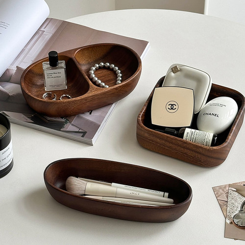 胡桃木桌面收纳盒浴室桌面首饰杂物船型实木托盘高级感装饰摆件