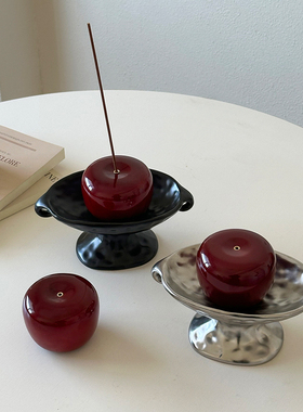 侘寂风红色苹果线香香插装饰摆件桌面艺术创意复古香薰托盘高颜值