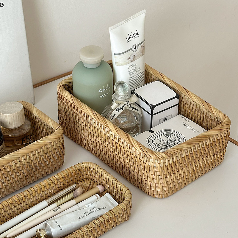 藤编桌面收纳长方形化妆品收纳盒护肤品茶几杂物置物篮收纳筐装饰,收纳整理,桌面收纳盒,淘宝优惠券,粉丝福利购,淘宝优惠卷