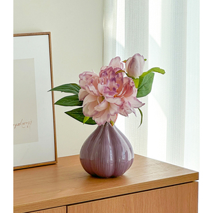 装 紫色牡丹花仿真花陶瓷花瓶玄关桌面餐桌小清新温馨 饰摆件新款