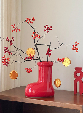 新年发财摆件发财果钱币红色喜庆装饰摆件桌面年宵花陶瓷花瓶高级