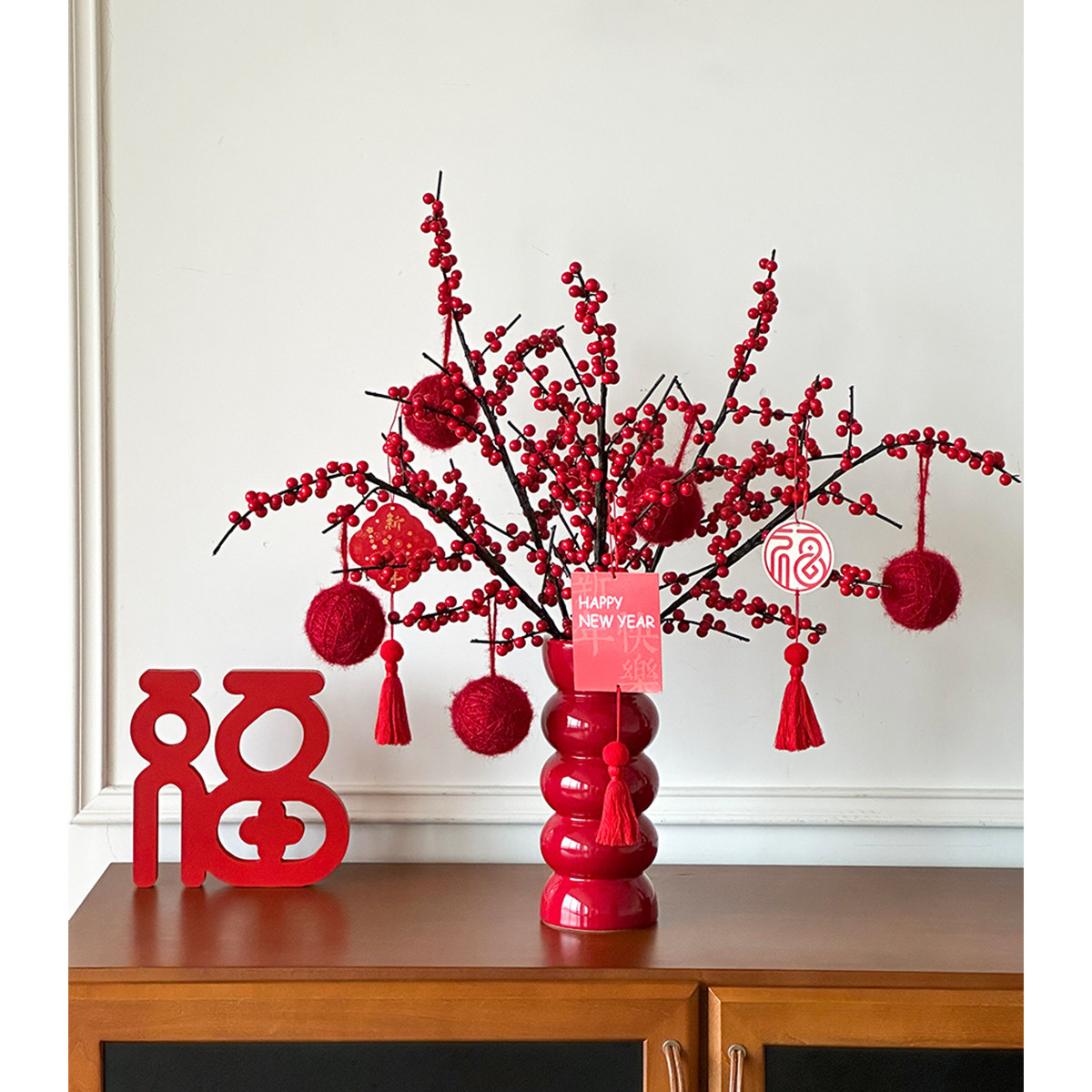 年宵花装饰摆件发财红果餐桌花艺红色喜庆高级桌面冬青果乔迁花瓶,家居饰品,装饰摆件,淘宝优惠券,粉丝福利购,淘宝优惠卷