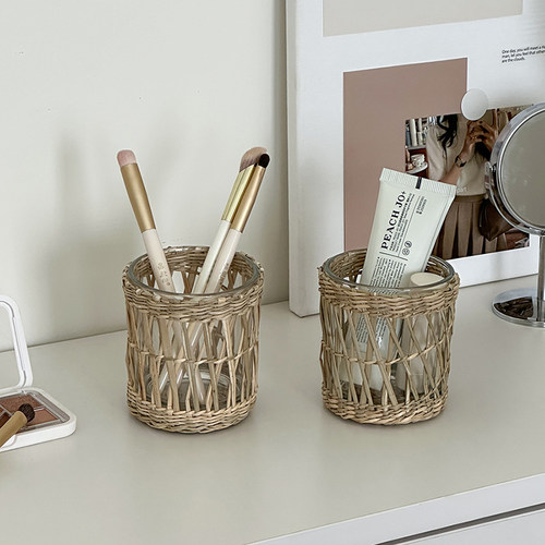 草编多功能化妆刷收纳筒桌面收纳盒文具笔筒手工编织玻璃收纳桶