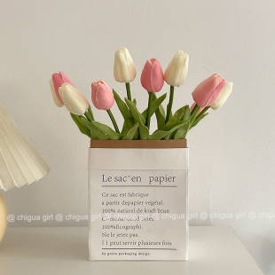 ins郁金香仿真花假花摆件花卉花束装 饰插花纸袋干花拍照道具礼物