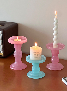 法式玻璃烛台轻奢粉色浪漫欧式婚礼烛光晚餐餐桌烛台座装饰摆件