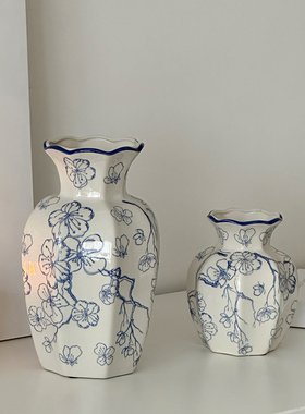 新中式中古青花瓷复古花瓶陶瓷鲜花插花客厅装饰品摆件插花花器
