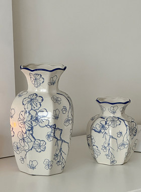 新中式中古青花瓷复古花瓶陶瓷鲜花插花客厅装饰品摆件插花花器