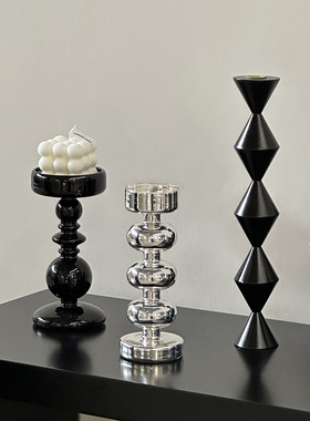 ins法式玻璃烛台北欧新年轻奢简约居家黑色银色实木复古装饰摆件