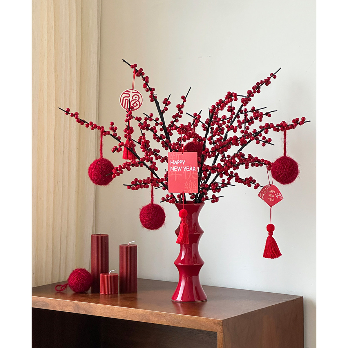 红色冬青发财果仿真红果新中式花瓶新年装饰氛围桌面年宵花2026,家居饰品,装饰摆件,淘宝优惠券,粉丝福利购,淘宝优惠卷