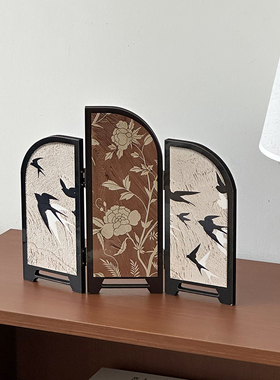 摆画中国风木质折叠屏风桌面摆件复古花鸟三联画茶室装饰乔迁送礼