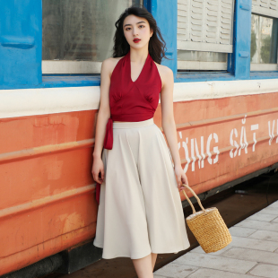 设计感女夏 伞裙半身裙两件套裙装 赫本风复古挂脖红色上衣法式 套装