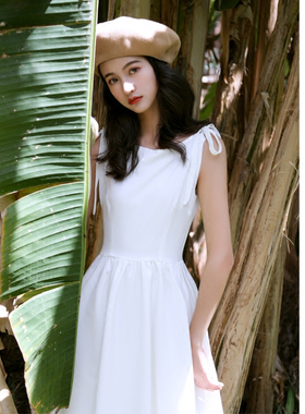 JU定制赫本风连衣裙复古小白裙中长款一字领蝴蝶结绑带无袖礼服裙