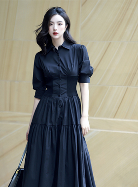 JUJU赫本小黑裙法式复古衬衫裙收腰显瘦翻领高级感黑色连衣裙女夏