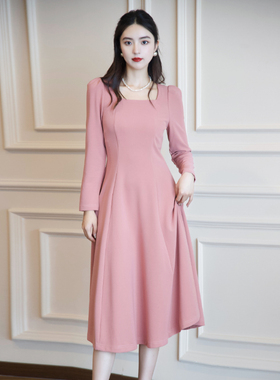juju定制春秋法式长裙收腰显瘦气质打底裙子方领复古长袖连衣裙女