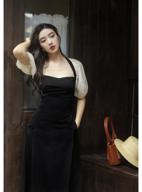 JUJU复古赫本风小黑裙礼服拼接显瘦气质茶歇法式黑色连衣裙夏季女