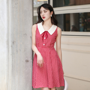 法式复古奶油甜味无袖连衣裙红格子短款裙小个子校园风大摆裙女夏