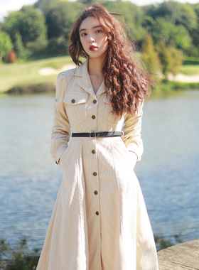 JUJU定制春秋季港风气质法式西装领工装裙米色长袖灯芯绒连衣裙女
