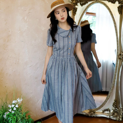 法式复古格子娃娃领连衣裙女夏中长款收腰显瘦温柔风裙子高知得体