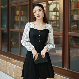 春秋新款时尚连衣裙小个子法式复古拼接假两件短款长袖大摆裙早春