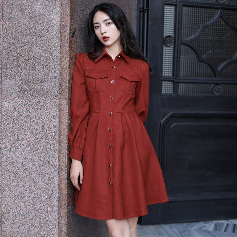 JUJU定制秋季新款女装裙港风复古法式工装裙小个子长袖口袋连衣裙