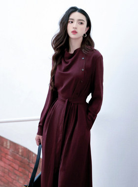 JUJU[云絮]早秋简约设计感长袖连衣裙女法式通勤知性风收腰打底裙