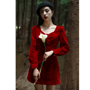 小个子酒红色连衣裙秋冬季 复古气质长袖 JUJU定制丝绒方领收腰法式
