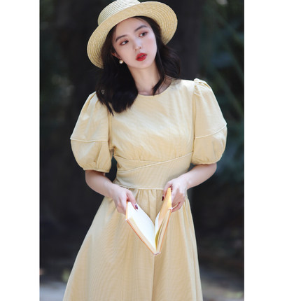 JUJU定制黄色格子显瘦茶歇裙子法式复古设计感收腰连衣裙短袖女夏