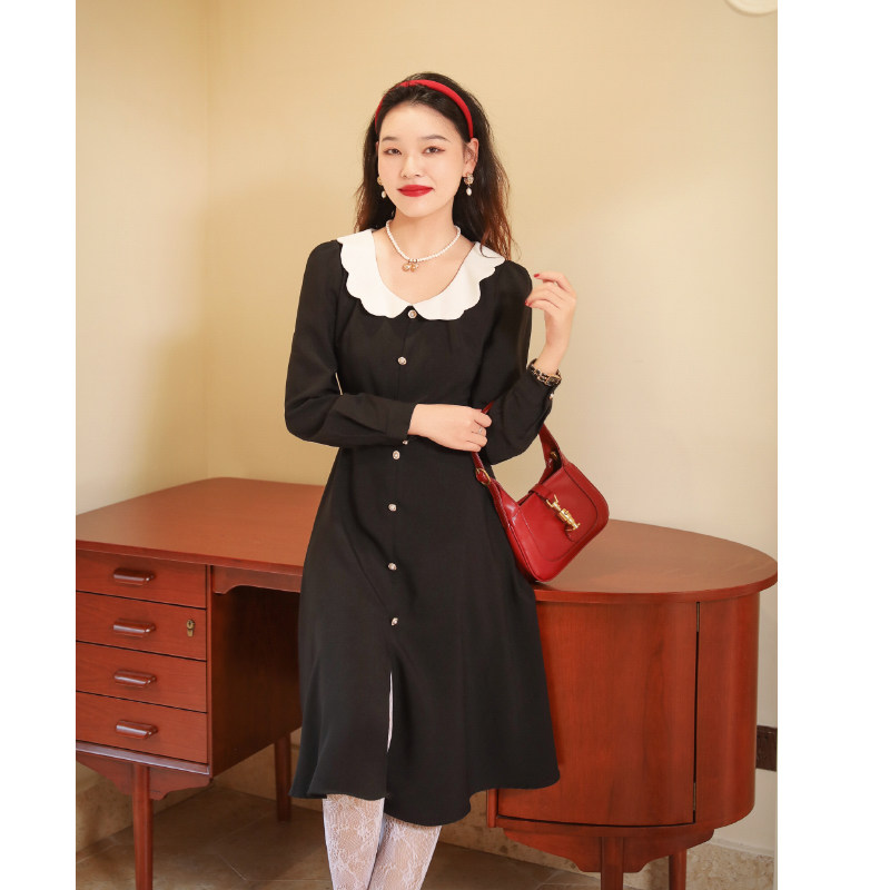 juju定制小黑裙法式收腰显瘦娃娃领减龄衬衫长袖裙秋装连衣裙女