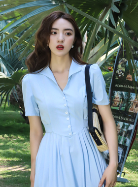 赫本风黑色裙子小众收腰显瘦气质茶歇裙蓝色法式连衣裙通勤女夏季