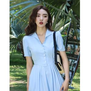 赫本风黑色裙子小众收腰显瘦气质茶歇裙蓝色法式连衣裙通勤女夏季