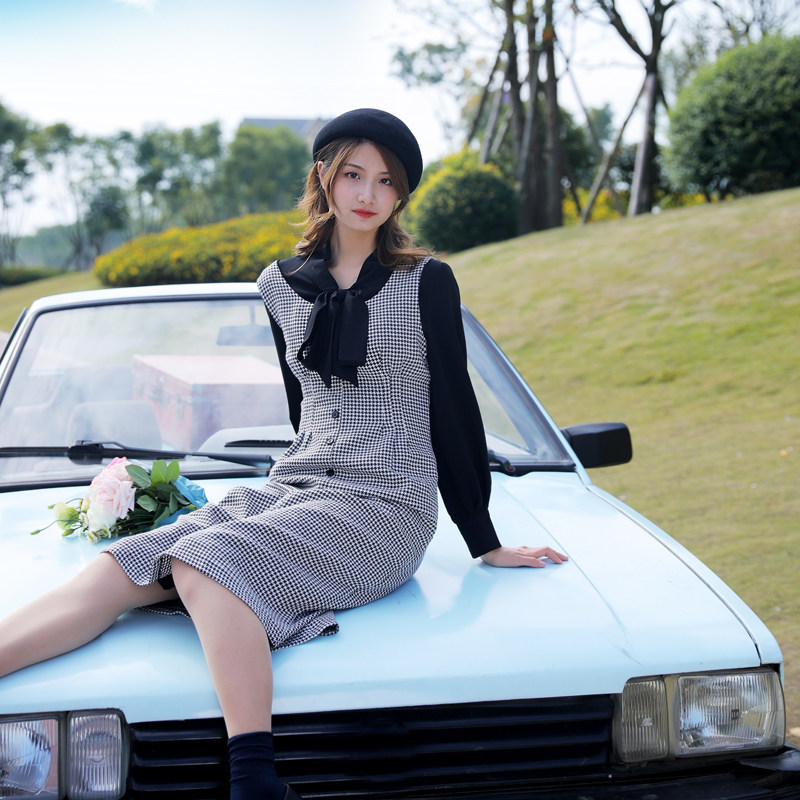 juju定制秋冬季复古马甲裙时尚连衣裙法式女装收腰千鸟格背心裙子