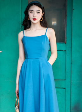 JUJU定制赫本风复古吊带连衣裙蓝色裙子一字领显白大摆吊带裙女夏