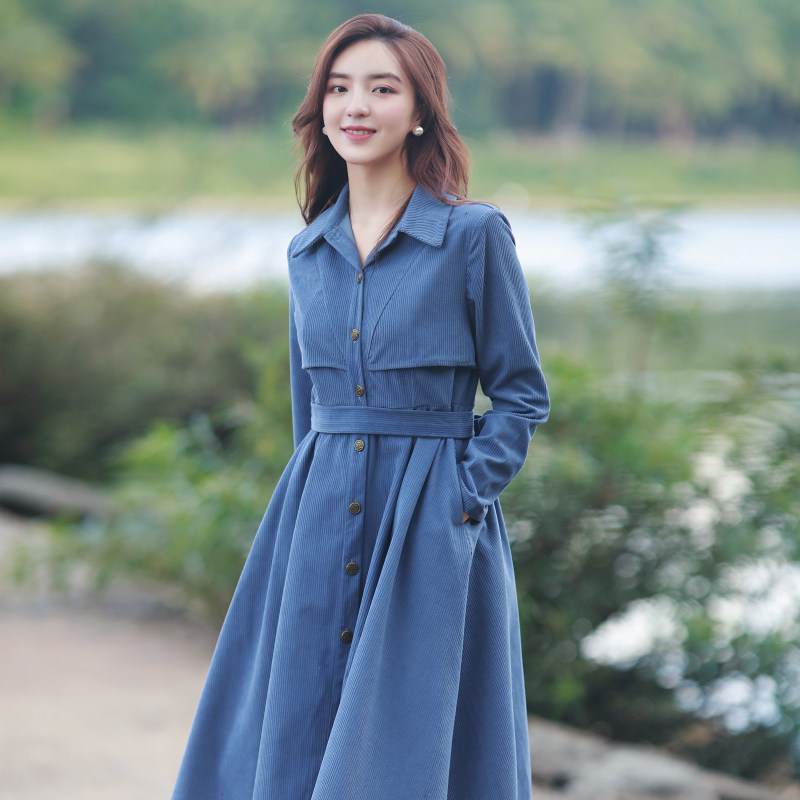 秋冬季新款蓝色衬衫裙复古学院风收腰显瘦法式长袖打底连衣裙女