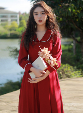 juju定制新款喜庆敬酒服伴娘礼服年会订婚高级感红色长袖连衣裙女